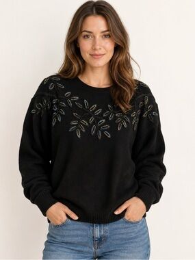 🖤🌟Vintage 90s Y2K Black Lambswool Angora Sweater Dolman Leaf Sequin M EUC